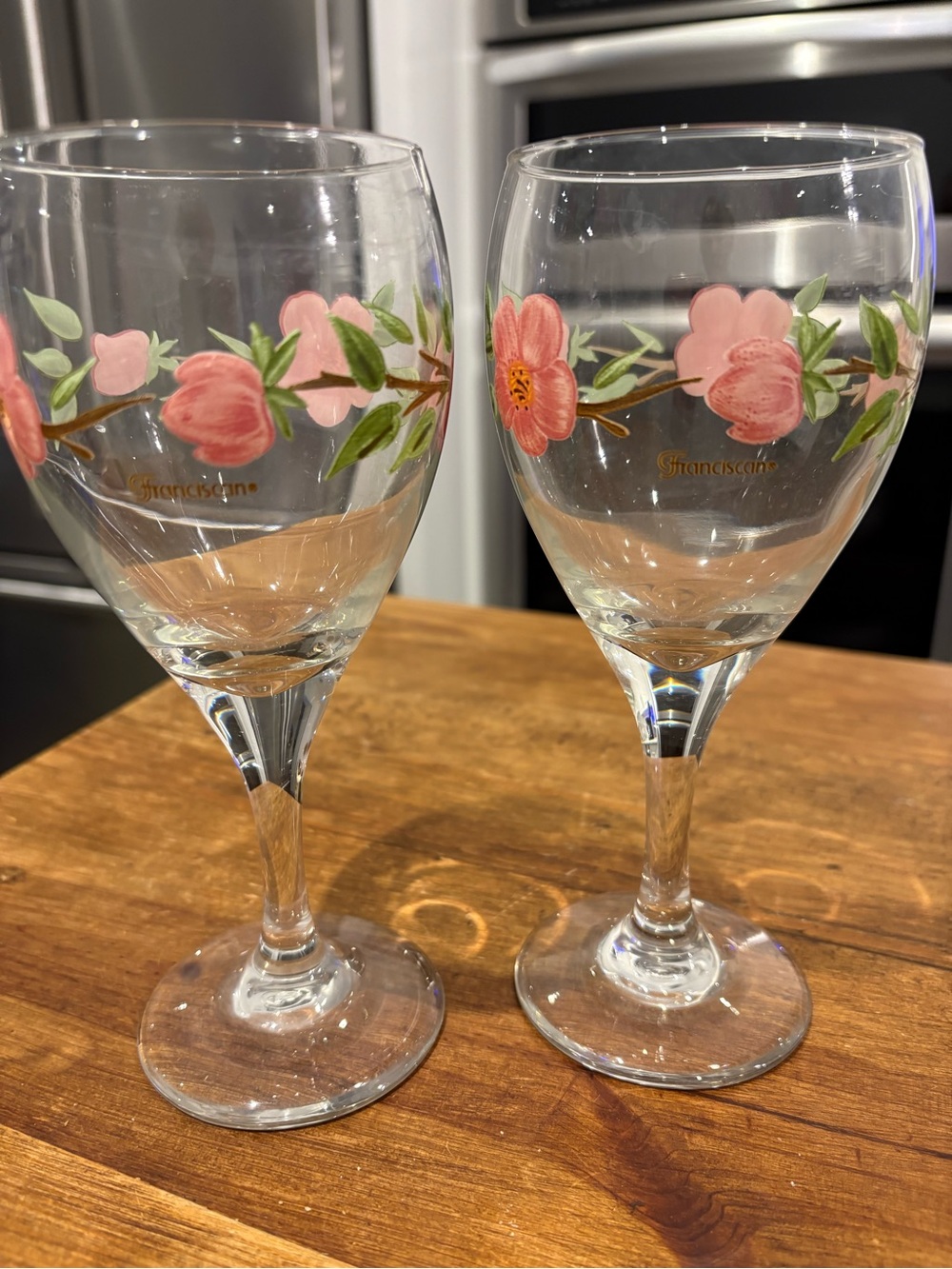 Franciscan Pink Floral Stemmed Wine Glasses with Green Leaves